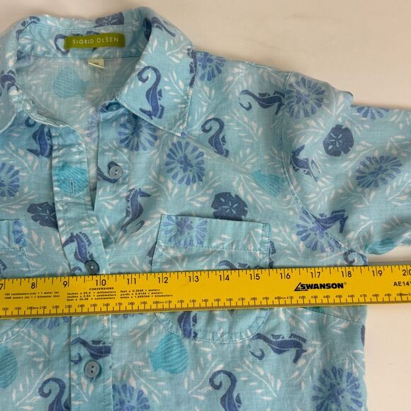 Sigrid Olsen Linen Button Up Blue Seahorse Shirt XS - Picture 5 of 9